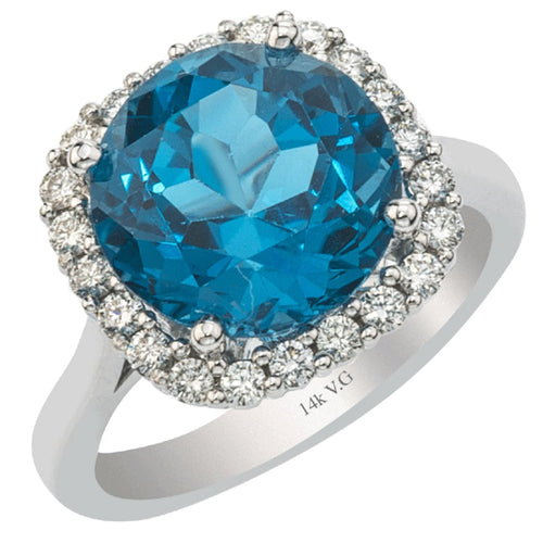 Variety Gem Jewelry - 14KT WHITE GOLD LONDON BLUE TOPAZ & DIAMOND HALO RING | Manfredi Jewels