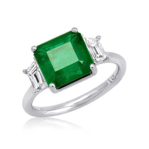 Xo Jewels Jewelry - 3 - Stone Emerald Ring with Trapezoid Side Diamonds | Manfredi